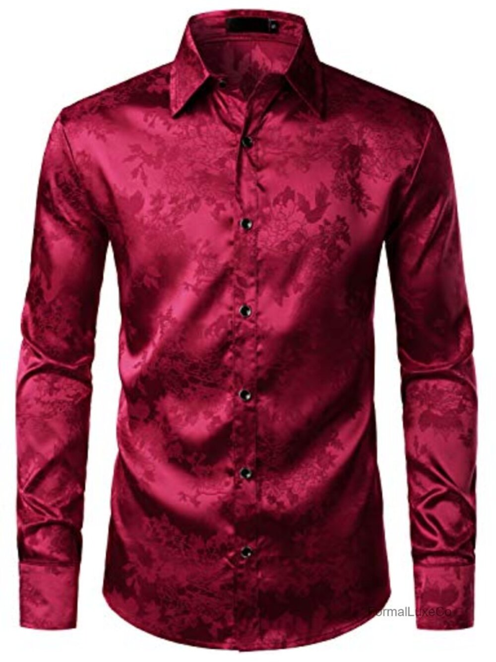 Men's Satin Floral Jacquard Dress Shirt Slim Fit Long Sleeve Button Down